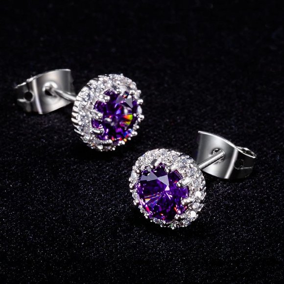 New  AmethystFebruary Birthstone Stud Earrings Set, Copper Plated Cubic … - Picture 1 of 16